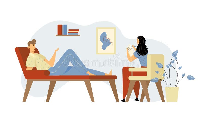 Unglücklicher Mann, der auf Couch am Psychologen Appointment für Berufshilfe liegt Doktor, Spezialist Talking mit Patienten stock abbildung Unglücklicher Mann, der auf Couch am Psychologen Appointment für Berufshilfe liegt Doktor, Spezialist Talking mit Patienten stock abbildung