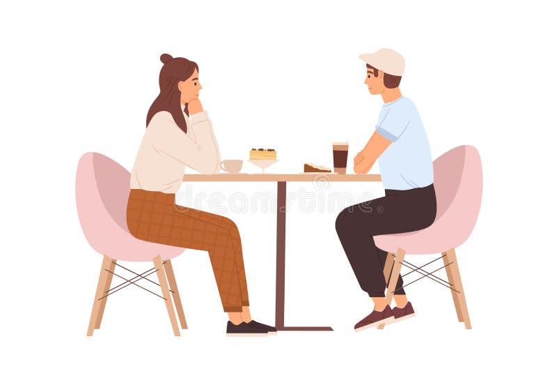 Ungt kärlekspar som sitter på bordet med kaffe i kafé. Dag då man och kvinna blev glada. romantisk datering av människor vektor illustrationer