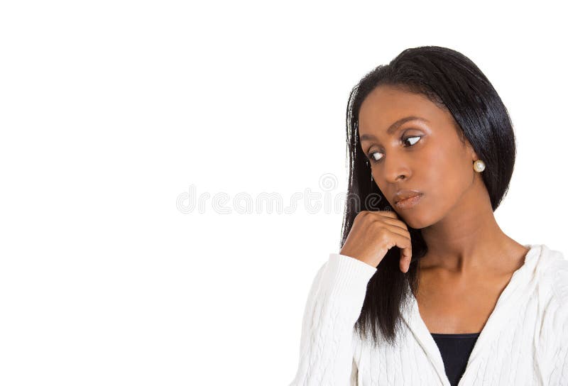 Depression. Close Up Portrait Of A Sad Woman Looking Down, Profile View,  Isolated On White Background, Black And White Stock Photo, Picture and  Royalty Free Image. Image 58154341.