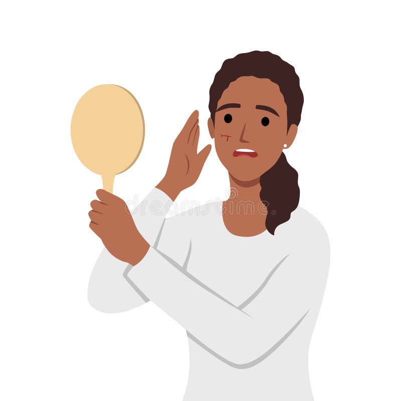 Unhappy shocked woman holding mirror in hand with scratched face bleeding stock illustration