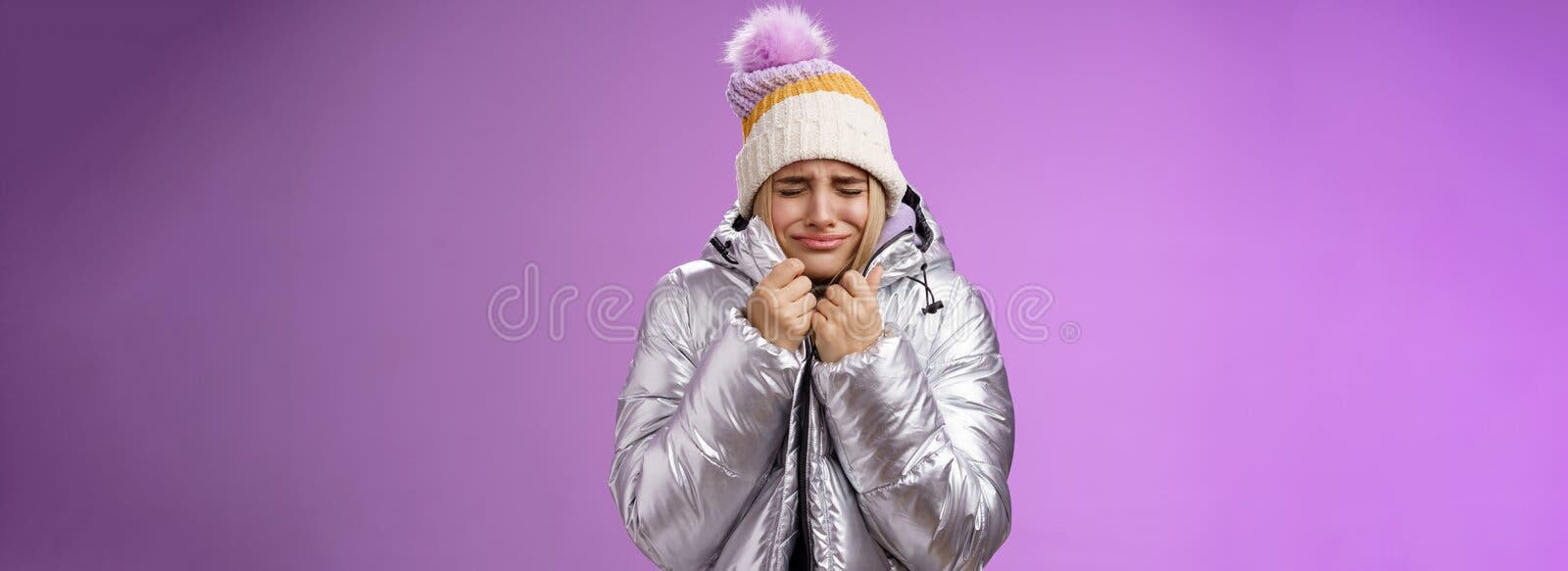 Freezing Crying Homeless Woman Looking at Camera, Taking Cover, Social ...