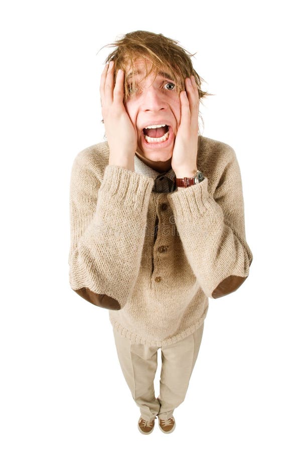 Unhappy young man isolated on white background