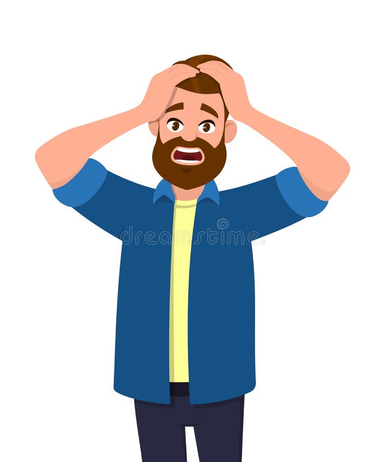 Unhappy young man squeezing head with hands. Emotions and body language concept. Stress, tension and migraine concept in vector.