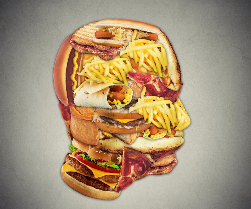 Unhealthy diet health concept fast food in shape of human head