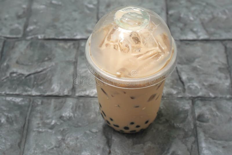 Unhealthy Drink of Iced Bubble Milk Tea in Plastic Cups Stock Photo