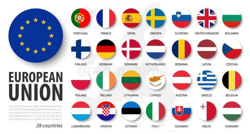Uni. Banderas de la UE y de la membresÃ­a. DiseÃ±o de elementos de cÃ­rculo plano. Fondo blanco aislado y mapa de Europa. Vector