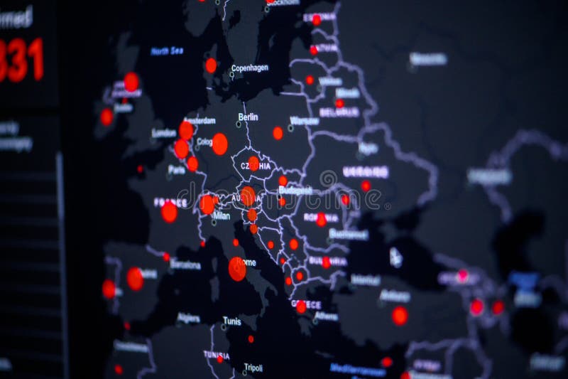 Unia europejska . globalna mapa przypadków coronavirus covid19. czerwona kropka wskazująca liczbę zainfekowanych. uniwersytet john