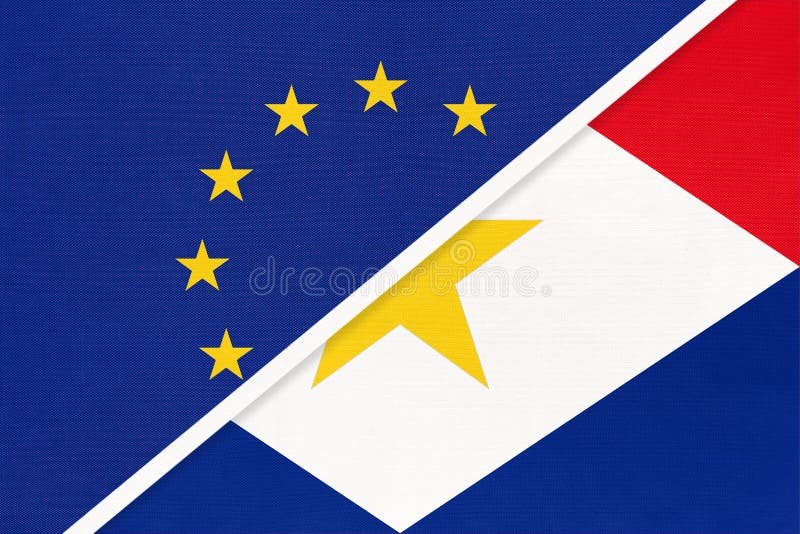 Unia europejska lub ue vs saba wyspa flaga narodowa z tekstyliów. symbol stowarzyszenia rady europy zdjęcia stock