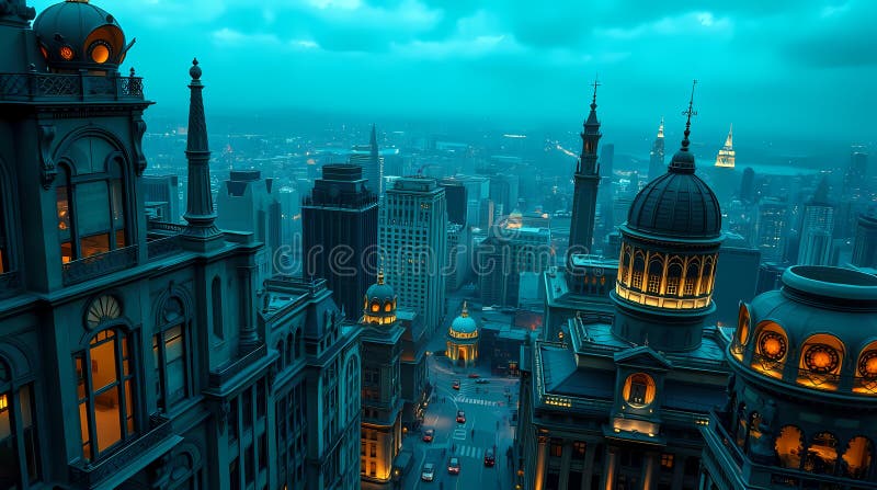 Unic Art City Peisaje Dramatic TealToned Aeriene Vedere De Istorice Clădiri Domed Împotriva Luminat Orizont Modern vector illustration