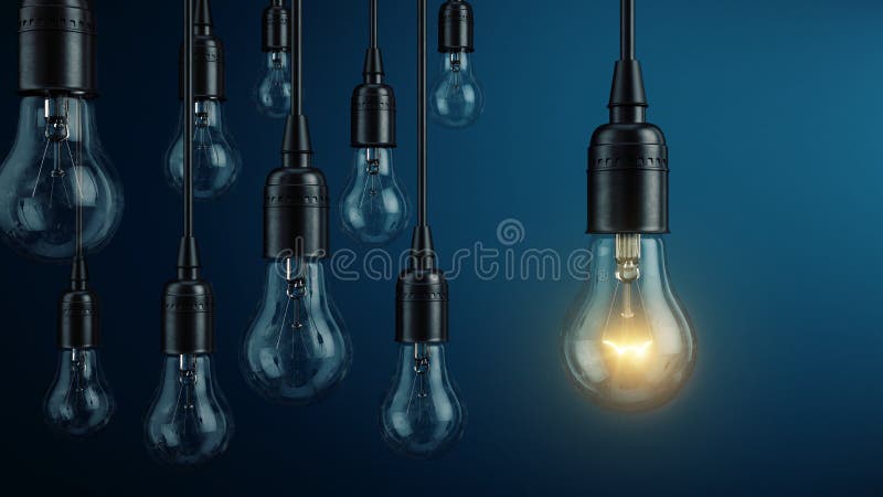Unico, direzione, nuovo concetto di idea - una lampada della lampadina che emette luce differente e che sta fuori da altre lampad
