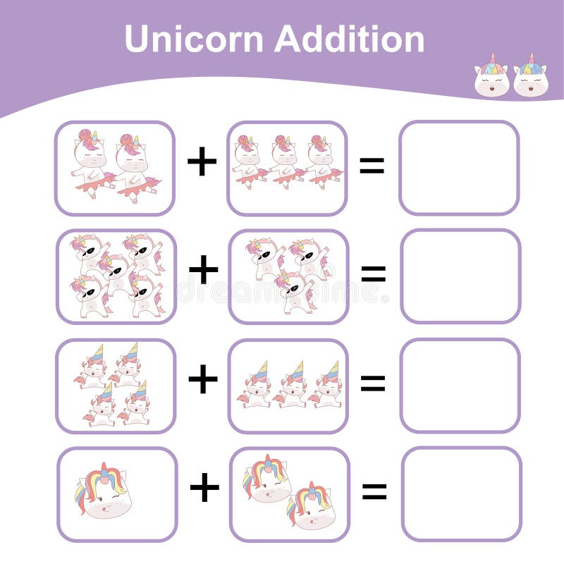 unicorn addition math game for preschool counting game worksheet for children educational printable math worksheet stock vector illustration of donut mathematics 228068536