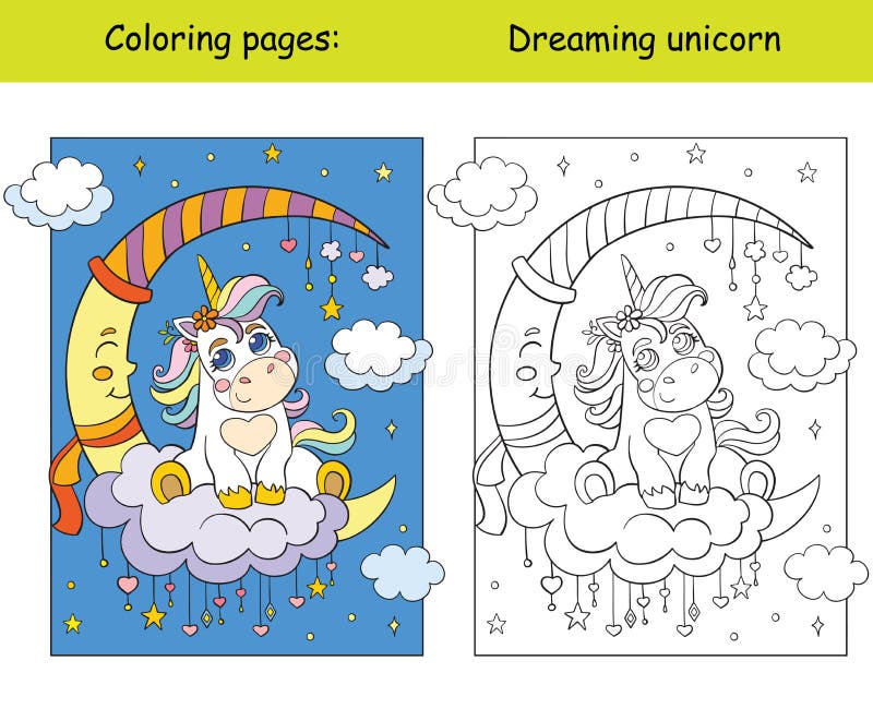 Cute unicorn baby sitting on a cloud with moon and stars. Coloring book page wih colored template. Vector cartoon illustration isolated on white. For coloring book  preschool education  print  game. Cute unicorn baby sitting on a cloud with moon and stars. Coloring book page wih colored template. Vector cartoon illustration isolated on white. For coloring book  preschool education  print  game