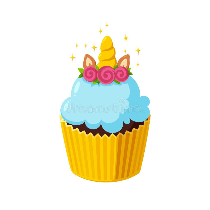 Unicorn cupcake with light blue icing. Fairy cake with horn. Vector illustration in cute cartoon style