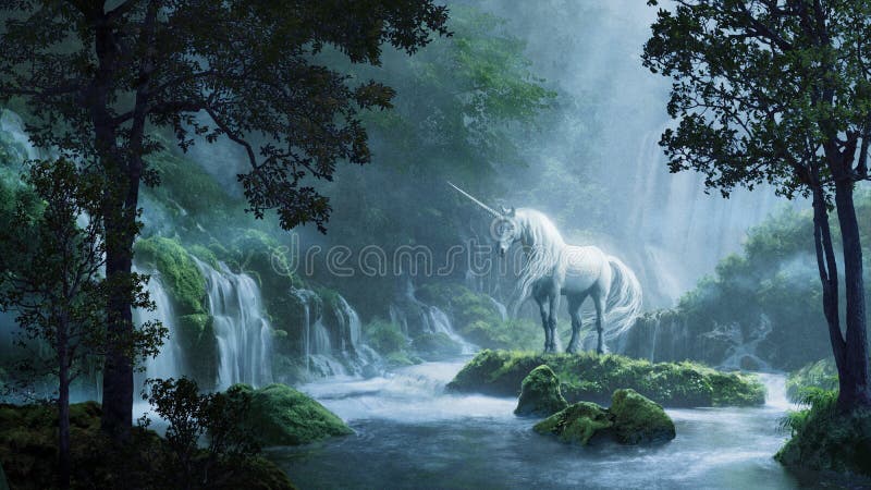 Unicorn frumos într-o ilustrare digitală a pădurii magice vector illustration