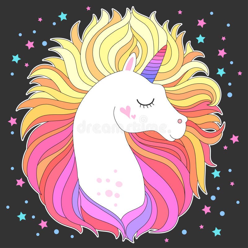 Unicorn head with rainbow hair. White unicorn face with raibow hair