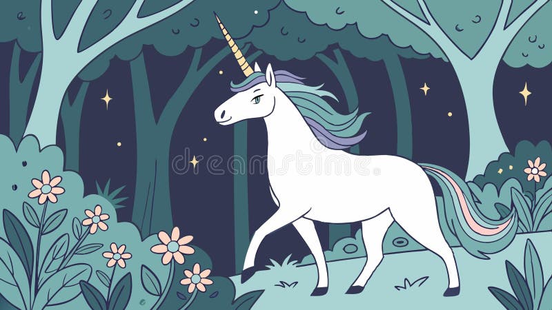 Unicorn i månbelyst skogsmagisk nattvektordesign Generativ AI royaltyfri illustrationer