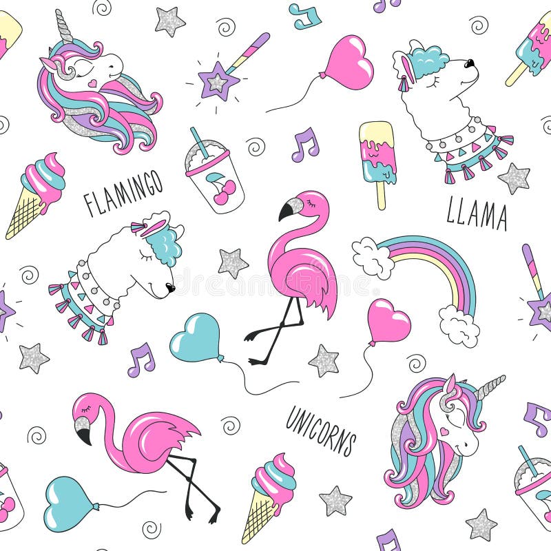 Unicorn, Llama and flamingo pattern on a white background. Trendy seamless pattern. Fashion illustration drawing in modern style vector illustration Unicorn, Llama and flamingo pattern on a white background. Trendy seamless pattern. Fashion illustration drawing in modern style vector illustration