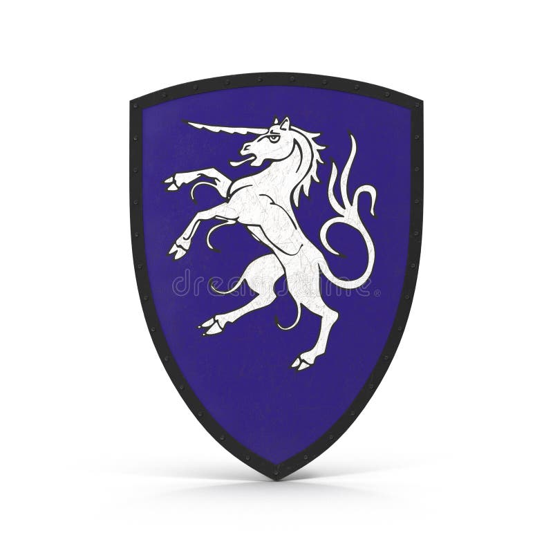 Unicorn Medieval Shield on White. Front View. 3D Illustration Stock ...