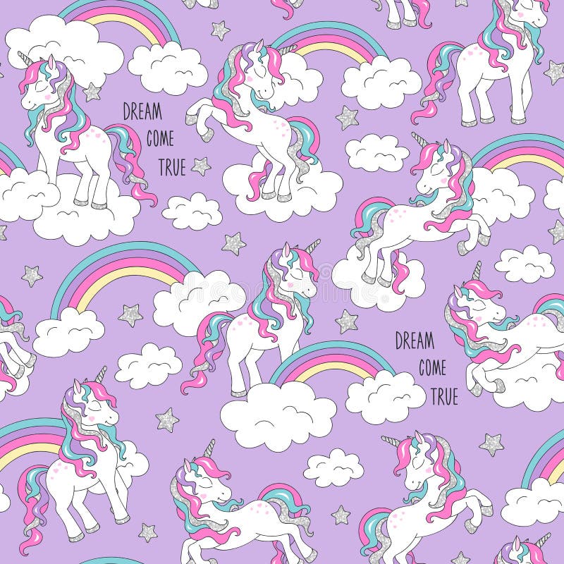 Unicorn Pattern and Rainbow. Trendy Seamless Vector Pattern on a Lilac ...
