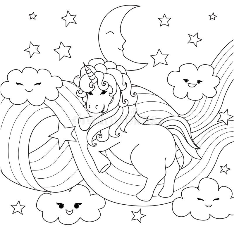 Unicorn Playing With Rainbow Path For Design Element And Coloring