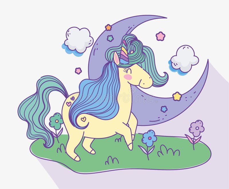 Unicorn pół księżyca chmury łąki kwiaty fantazji magiczny rysunek ilustracji