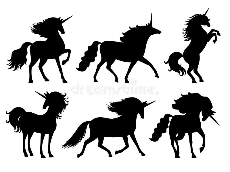 Unicorn silhouettes. Vector unicorns silhouette set isolated on white, mysterious horse animal, cute horsy myth spirit