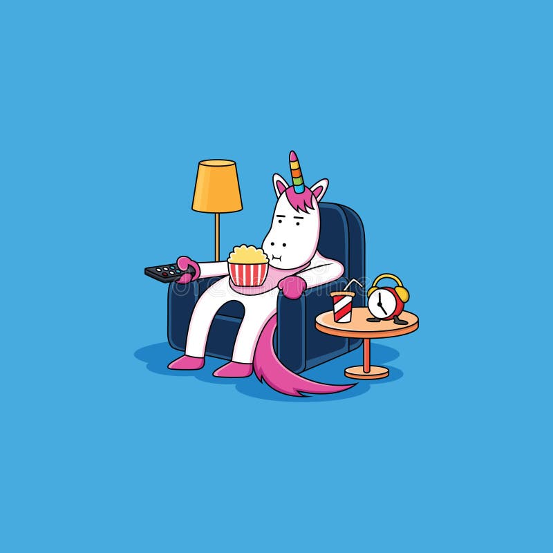 Unicorn is sitting relaxing with popcorn vector illustration Unicorn is sitting relaxing with popcorn vector illustration