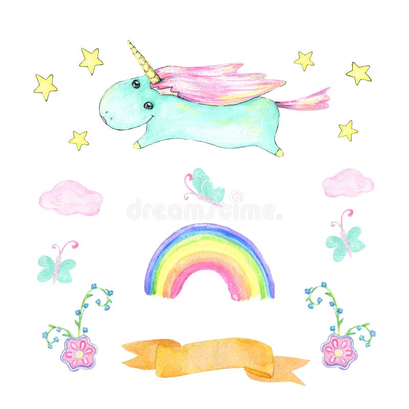 Unicorn watercolor gouache pink funny unicorn beautiful animal pony little horse clip art drawing magic unicorn illustration fanta