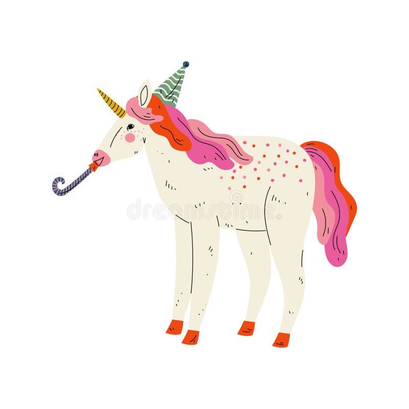 Unicorn Wearing Party Hat precioso con el ventilador del silbido, carácter animal lindo para el vector del diseño del feliz cumpl ilustración del vector Unicorn Wearing Party Hat precioso con el ventilador del silbido, carácter animal lindo para el vector del diseño del feliz cumpl ilustración del vector