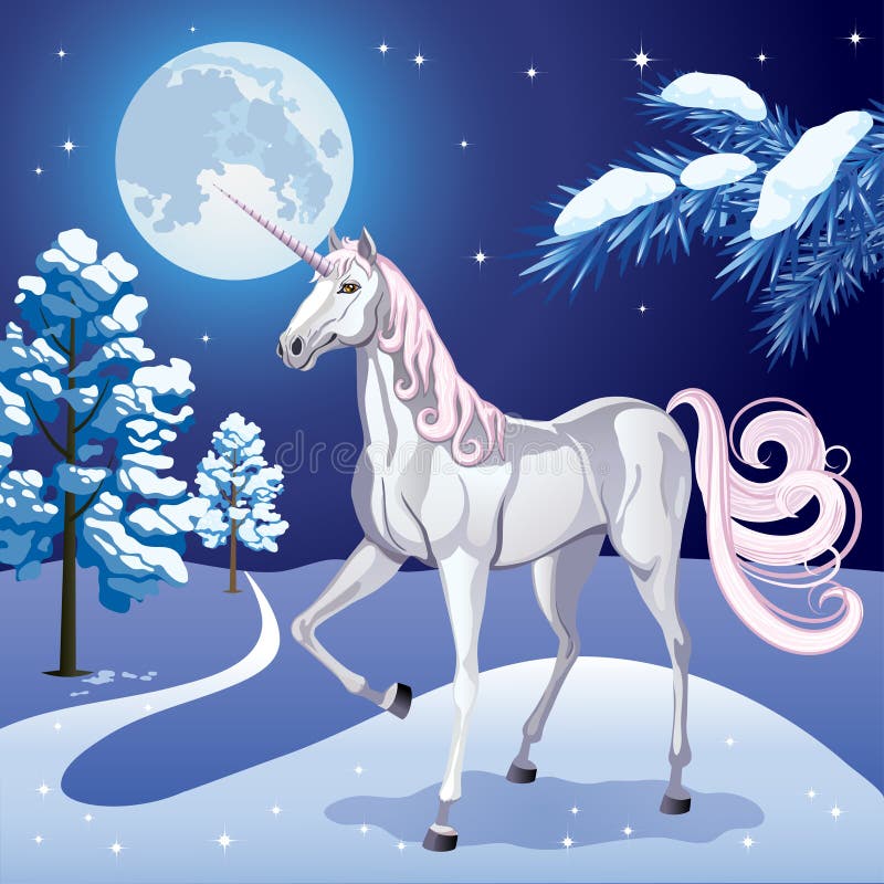The Unicorn in Winter Forest Stock Illustration - Illustration of