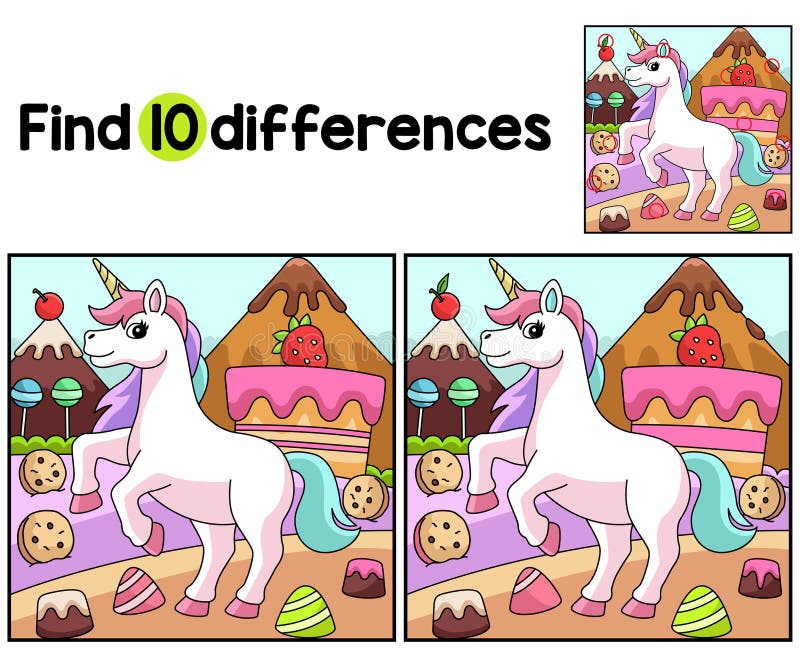 Unicorn într-un tărâm al lumânărilor găsesc diferențe vector illustration
