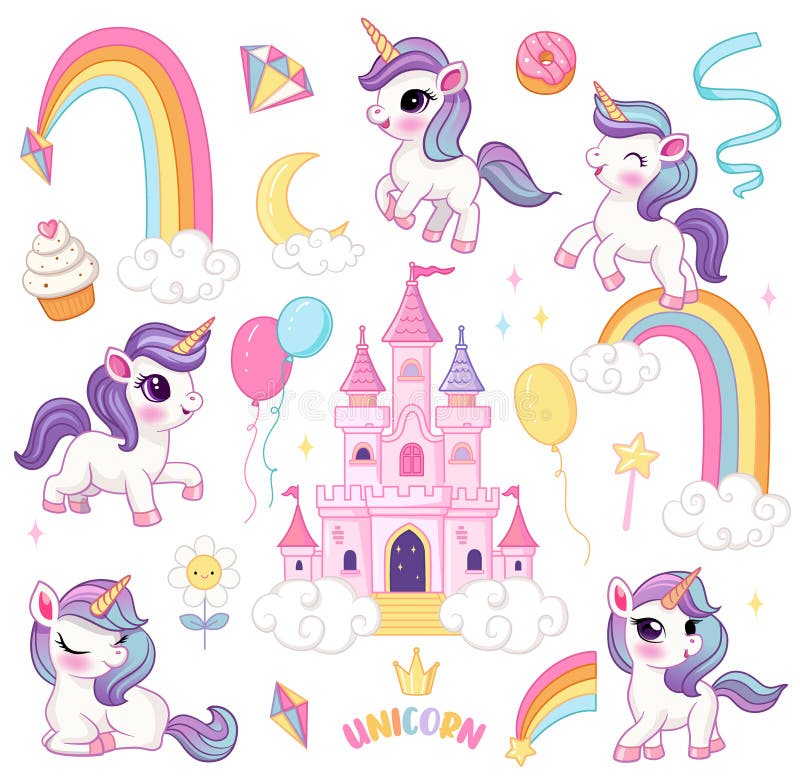 Vector unicorns set. Big collection with fairytale characters, fairy, animals with horns, castle on cloud, rainbow, falling stars, crystals, sweets. Fantasy world clip art elements. Magic icon pack. Vector unicorns set. Big collection with fairytale characters, fairy, animals with horns, castle on cloud, rainbow, falling stars, crystals, sweets. Fantasy world clip art elements. Magic icon pack