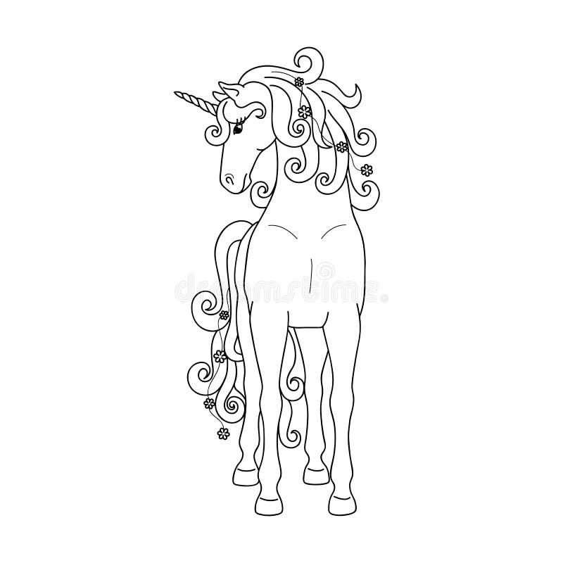 Unicornio derecho aislado del esquema negro en el fondo blanco Front View Líneas de la curva Página del libro de colorear stock de ilustración Unicornio derecho aislado del esquema negro en el fondo blanco Front View Líneas de la curva Página del libro de colorear stock de ilustración
