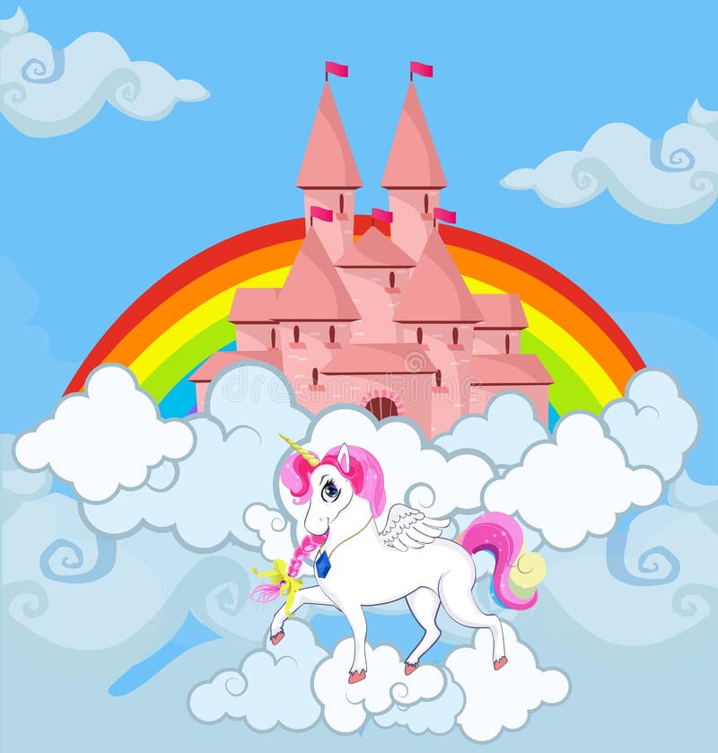 Unicornio en el cuento de hadas de la princesa del arco iris del castillo del cielo libre illustration Unicornio en el cuento de hadas de la princesa del arco iris del castillo del cielo libre illustration