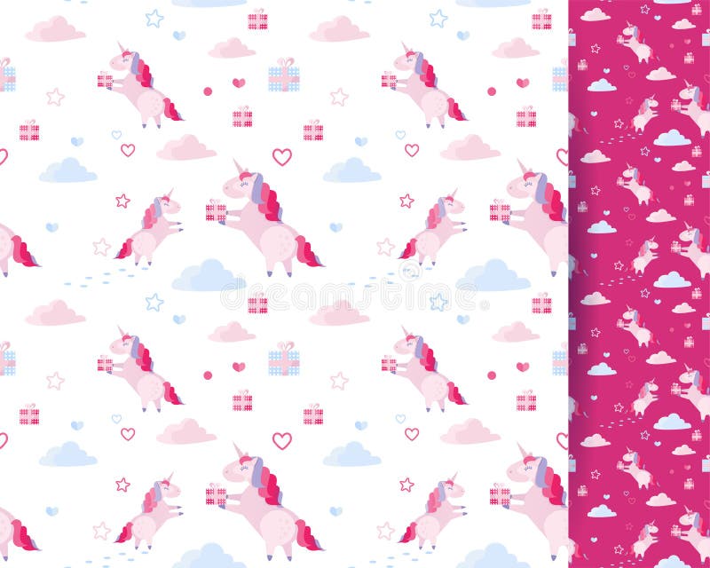 Unicornio inconsútil del modelo del vector lindo, nubes, corazones, cajas de regalo en el fondo blanco Plantilla del día de fiest libre illustration Unicornio inconsútil del modelo del vector lindo, nubes, corazones, cajas de regalo en el fondo blanco Plantilla del día de fiest libre illustration