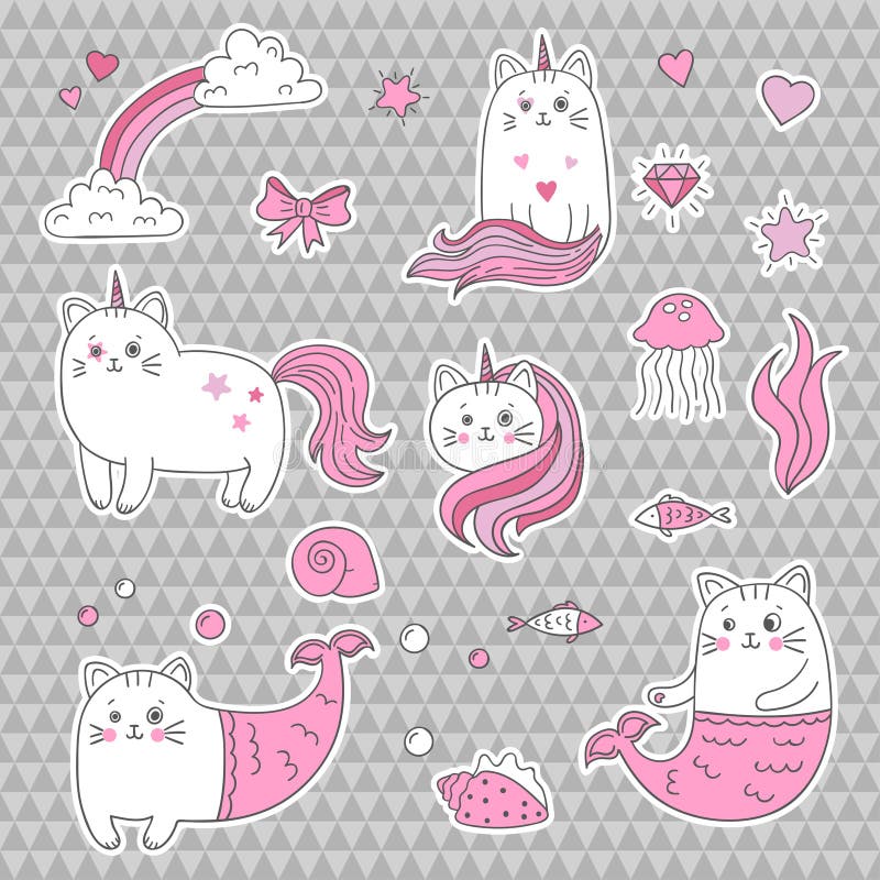 Unicornio lindo del gato, sirena Sistema de los elementos decorativos, remiendos de moda, etiquetas engomadas stock de ilustración Unicornio lindo del gato, sirena Sistema de los elementos decorativos, remiendos de moda, etiquetas engomadas stock de ilustración