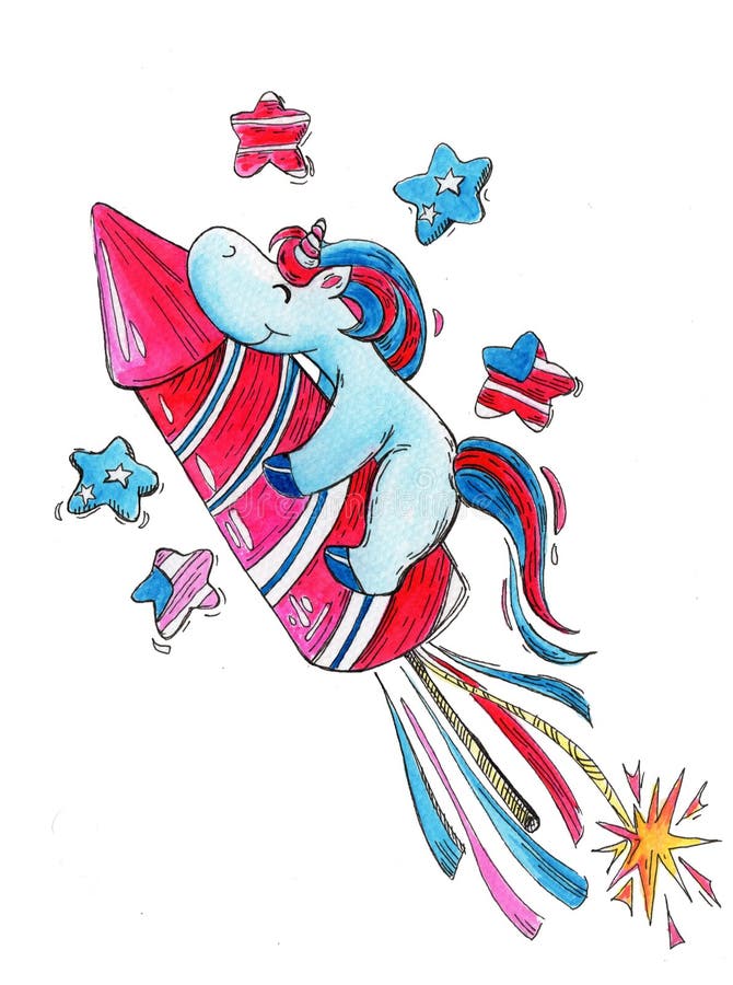 Unicornio a mano de la acuarela en Día de la Independencia americano ilustración del vector Unicornio a mano de la acuarela en Día de la Independencia americano ilustración del vector