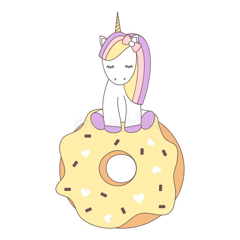 Unicornio precioso de la historieta linda del vector que se sienta en un buñuelo grande stock de ilustración Unicornio precioso de la historieta linda del vector que se sienta en un buñuelo grande stock de ilustración