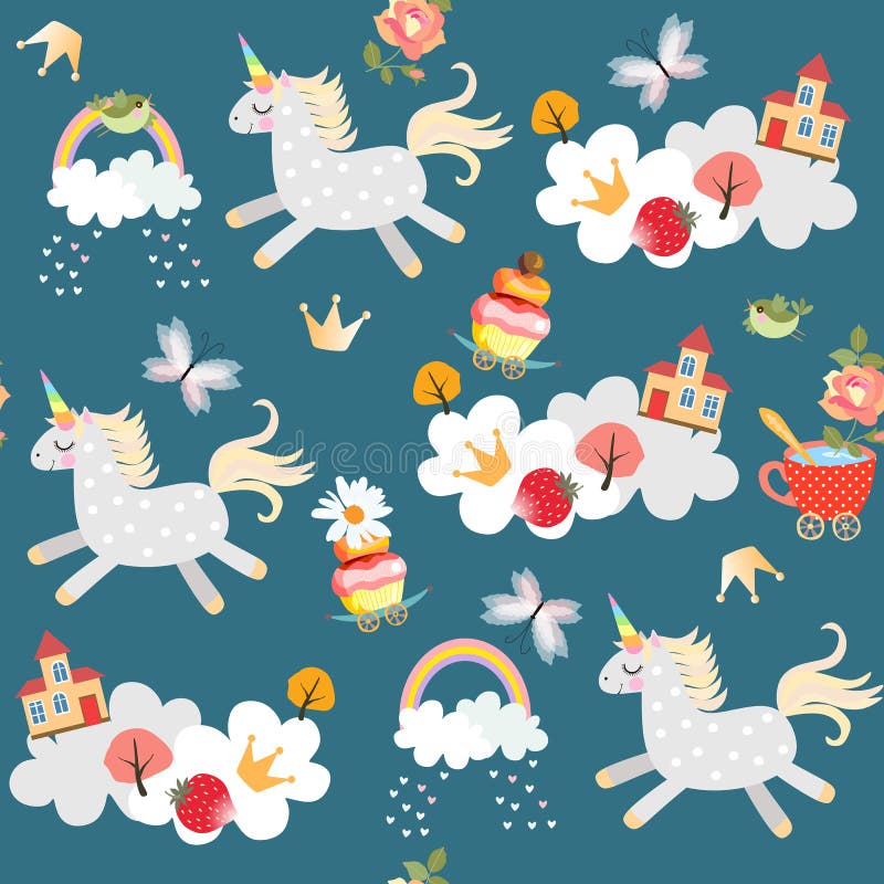 Unicornios lindos del witn sin fin del modelo que se divierten en el cielo Nubes, arco iris, pájaros, mariposas, castillo, árbole libre illustration Unicornios lindos del witn sin fin del modelo que se divierten en el cielo Nubes, arco iris, pájaros, mariposas, castillo, árbole libre illustration