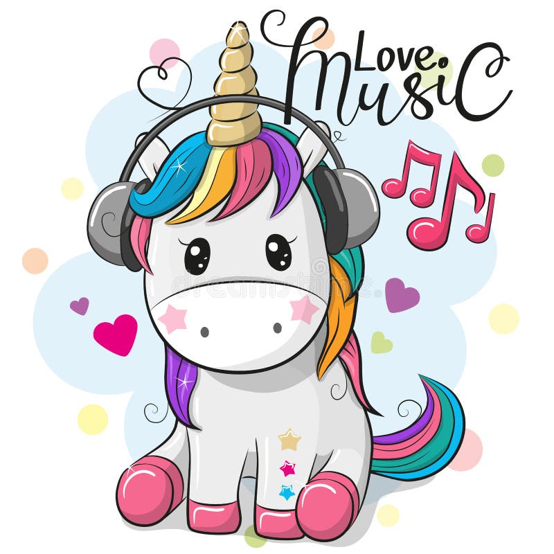 Cute Cartoon Unicorn with headphones on a blue background. Cute Cartoon Unicorn with headphones on a blue background