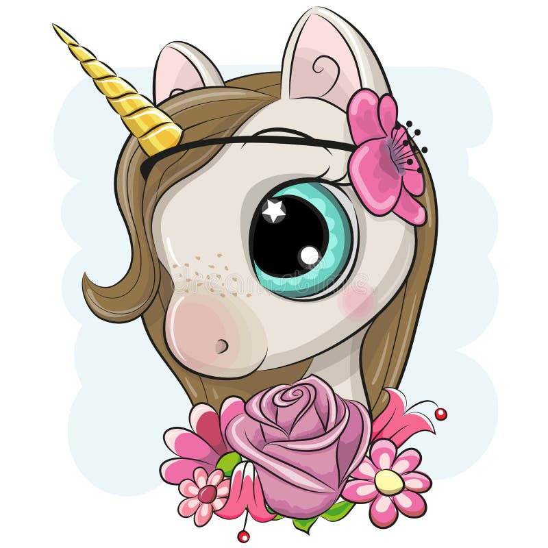 Unicorno del fumetto con i fiori su un fondo blu royalty illustrazione gratis Unicorno del fumetto con i fiori su un fondo blu royalty illustrazione gratis