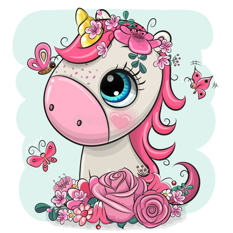 Unicorno del fumetto con i fiori su un fondo blu illustrazione di stock Unicorno del fumetto con i fiori su un fondo blu illustrazione di stock