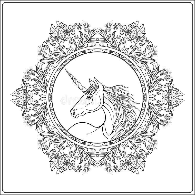 Unicorno nel telaio floreale decorativo d'annata della mandala immagini stock Unicorno nel telaio floreale decorativo d'annata della mandala immagini stock