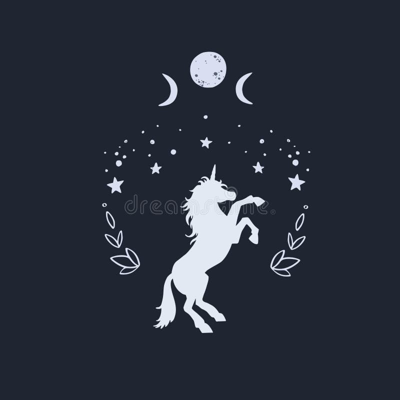 Unicorno nella notte con il cielo stellato e la luna Stile di fantasia, illustrazione concettuale di sogno magico della foresta, royalty illustrazione gratis Unicorno nella notte con il cielo stellato e la luna Stile di fantasia, illustrazione concettuale di sogno magico della foresta, royalty illustrazione gratis