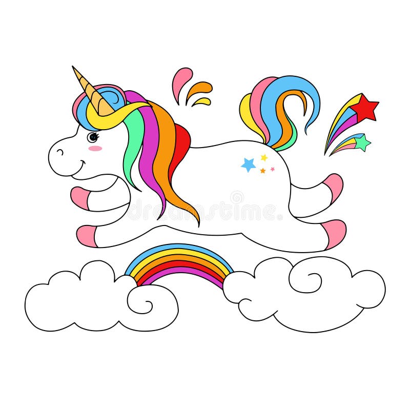 Unicórnio bonito com o arco-íris nas nuvens ilustração royalty free Unicórnio bonito com o arco-íris nas nuvens ilustração royalty free