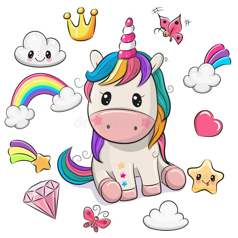 Unicórnio dos desenhos animados e grupo de elementos bonitos do projeto ilustração do vetor Unicórnio dos desenhos animados e grupo de elementos bonitos do projeto ilustração do vetor
