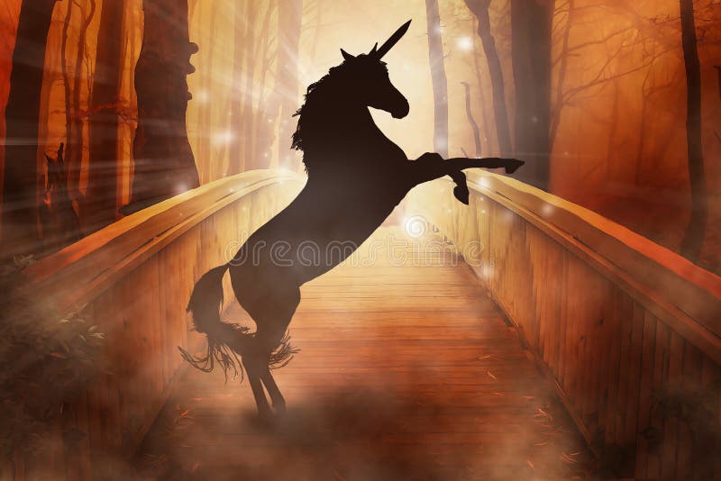 Unicórnio horned do cavalo da silhueta no fundo encantado da floresta ilustração do vetor Unicórnio horned do cavalo da silhueta no fundo encantado da floresta ilustração do vetor