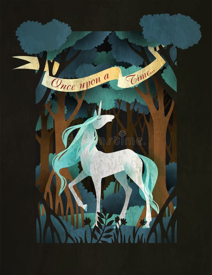 Unicórnio na frente do molde mágico da capa do livro ou do cartaz do conto de fadas da floresta ilustração stock Unicórnio na frente do molde mágico da capa do livro ou do cartaz do conto de fadas da floresta ilustração stock