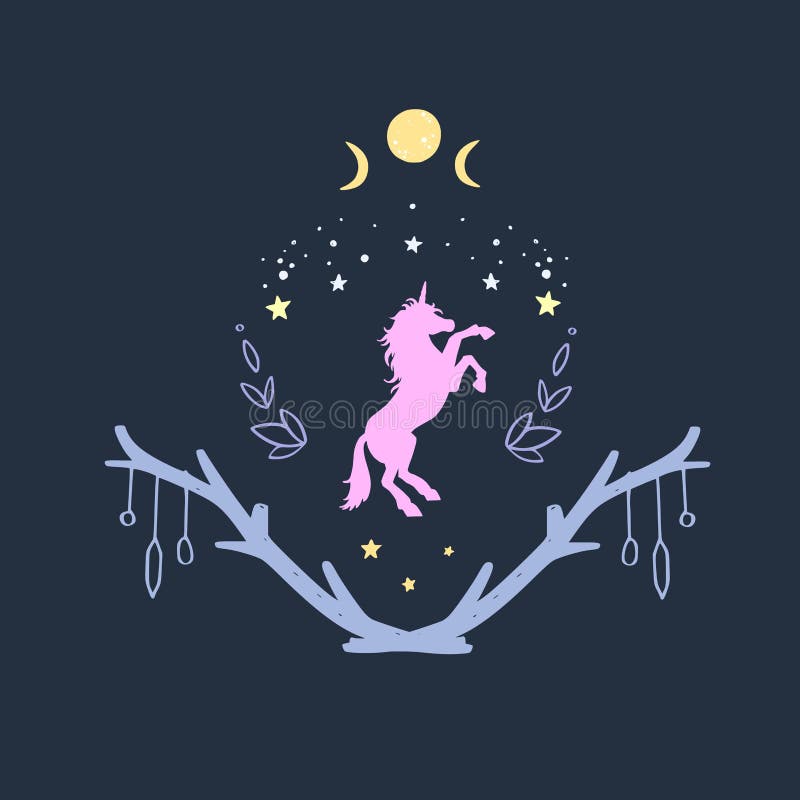 Unicórnio na noite com céu estrelado e a lua Estilo da fantasia, ilustração conceptual do sonho mágico da floresta, tatuagem ilustração do vetor Unicórnio na noite com céu estrelado e a lua Estilo da fantasia, ilustração conceptual do sonho mágico da floresta, tatuagem ilustração do vetor