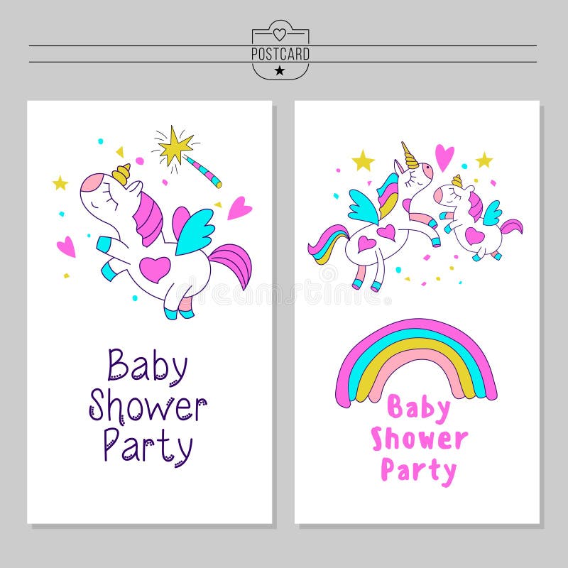 Unicórnios bonitos, arcos-íris e uma varinha mágica Partido de festa do bebê ilustração do vetor Unicórnios bonitos, arcos-íris e uma varinha mágica Partido de festa do bebê ilustração do vetor